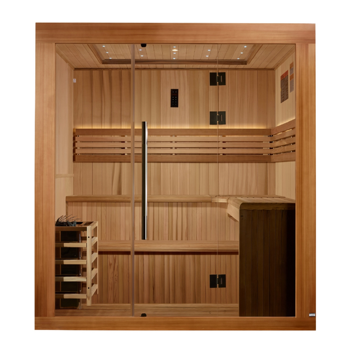 Golden Designs 2025 Updated "Osla Edition" 6 Person Traditional Sauna - Canadian Red Cedar Interior and Pacific Premium Clear Cedar Exterior