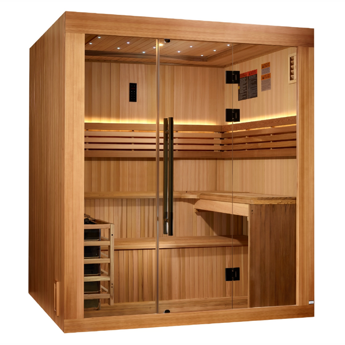 Golden Designs 2025 Updated "Osla Edition" 6 Person Traditional Sauna - Canadian Red Cedar Interior and Pacific Premium Clear Cedar Exterior