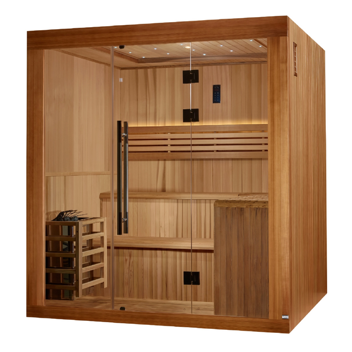 Golden Designs 2025 Updated "Osla Edition" 6 Person Traditional Sauna - Canadian Red Cedar Interior and Pacific Premium Clear Cedar Exterior