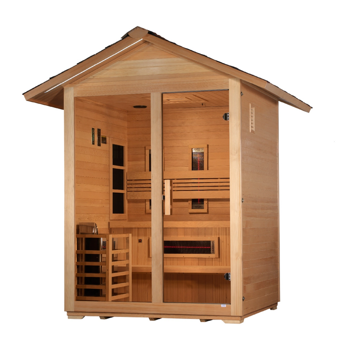 Golden Designs "Carinthia" 3 Person Hybrid (PureTech™ Full Spectrum IR or Traditional Stove) Outdoor Sauna -  Canadian Hemlock