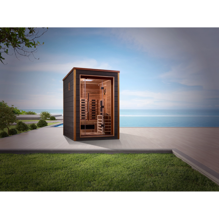 Golden Designs Nora 2 Person Hybrid (PureTech™ Full Spectrum IR & Traditional Stove) Outdoor-Indoor Sauna (GDI-8222-01) - Canadian Red Cedar Interior