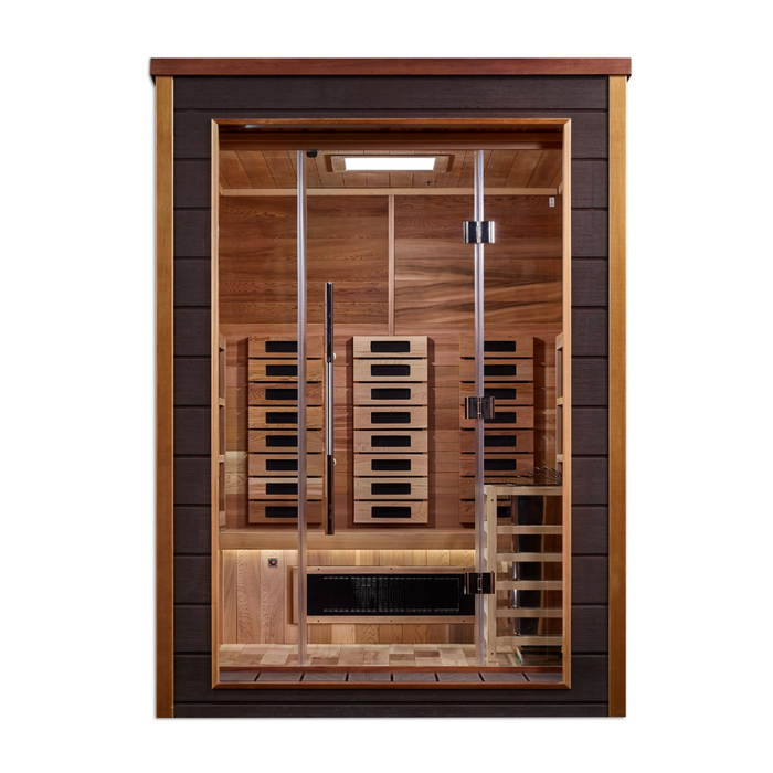 Golden Designs Nora 2 Person Hybrid (PureTech™ Full Spectrum IR & Traditional Stove) Outdoor-Indoor Sauna (GDI-8222-01) - Canadian Red Cedar Interior