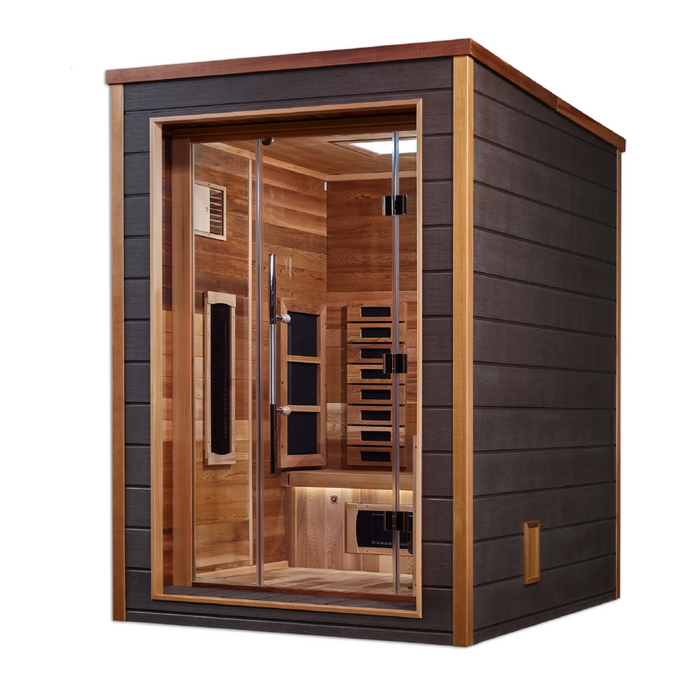 Golden Designs Nora 2 Person Hybrid (PureTech™ Full Spectrum IR & Traditional Stove) Outdoor-Indoor Sauna (GDI-8222-01) - Canadian Red Cedar Interior