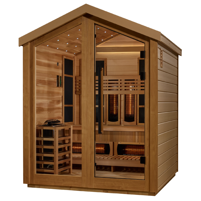 Golden Designs Loviisa 3 Person Hybrid (PureTech™ Full Spectrum IR or Traditional Stove) Outdoor Sauna (GDI-8523-01) - Canadian Red Cedar Interior