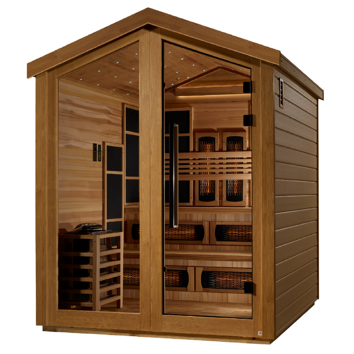 Golden Designs Kaskinen 6 Person Hybrid (PureTech™ Full Spectrum IR or Traditional Stove) Outdoor Sauna (GDI-8526-01) - Canadian Red Cedar Interior