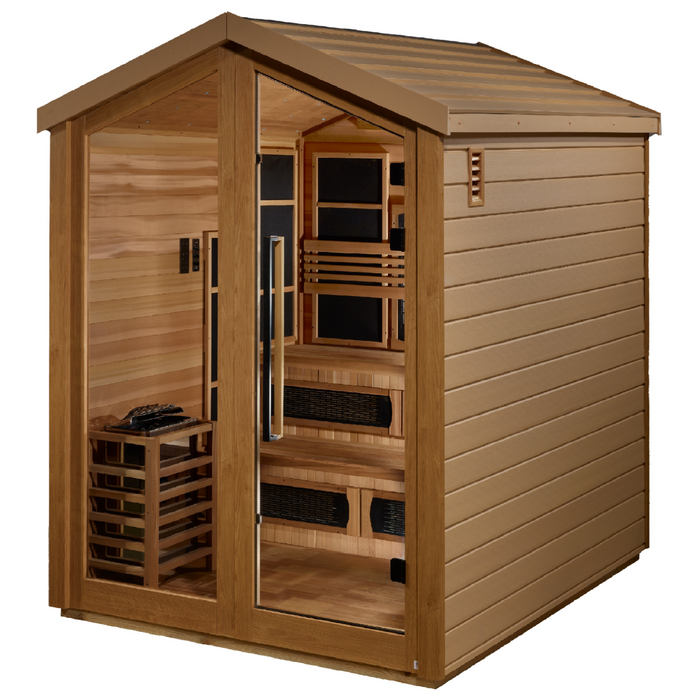 Golden Designs Kaskinen 6 Person Hybrid (PureTech™ Full Spectrum IR or Traditional Stove) Outdoor Sauna (GDI-8526-01) - Canadian Red Cedar Interior