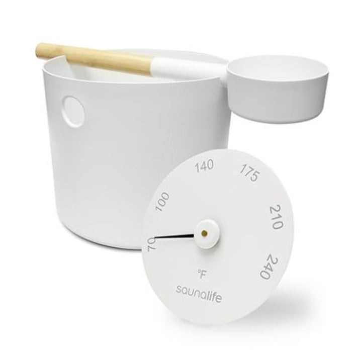 SaunaLife, Aluminum 1-Gallon Sauna Bucket Set with Wood Ladle and Thermometer (Accessory Package 6)