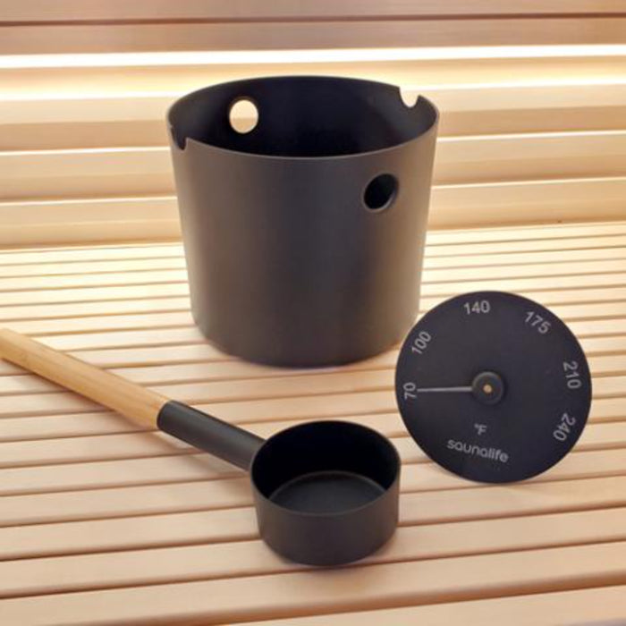 SaunaLife, Aluminum 1-Gallon Sauna Bucket Set with Wood Ladle and Thermometer (Accessory Package 6)