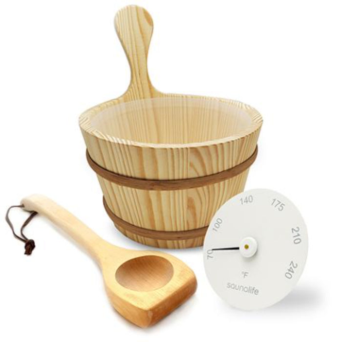 SaunaLife, Wooden 1-Gallon Sauna Bucket Set with Wood Ladle and Thermometer (Accessory Package 4)