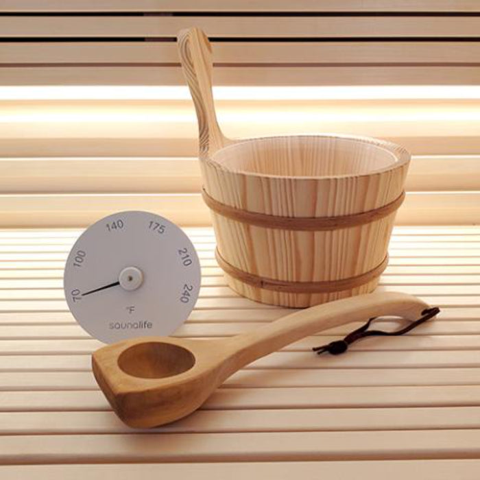 SaunaLife, Wooden 1-Gallon Sauna Bucket Set with Wood Ladle and Thermometer (Accessory Package 4)