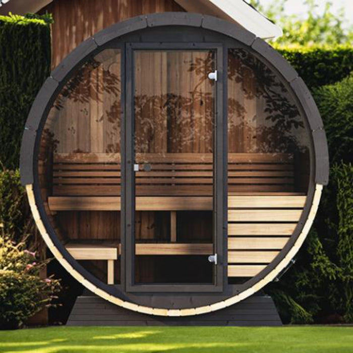 SaunaLife Model EE6G Barrel Sauna, Ergo Elegance Series, Full-Glass Facade (3 Person)