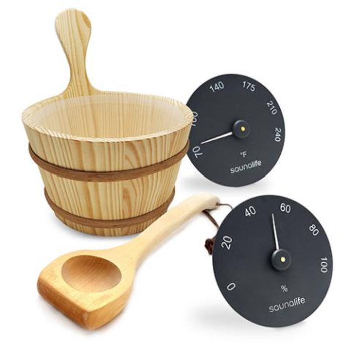 SaunaLife, Wooden 1-Gallon Sauna Bucket, Wood Ladle, Thermometer, Hygrometer (Accessory Package 3)