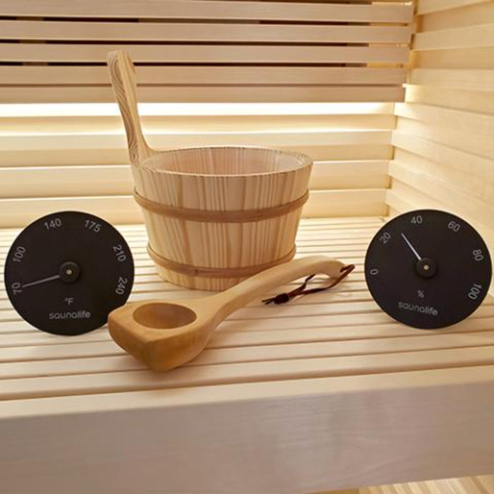 SaunaLife, Wooden 1-Gallon Sauna Bucket, Wood Ladle, Thermometer, Hygrometer (Accessory Package 3)